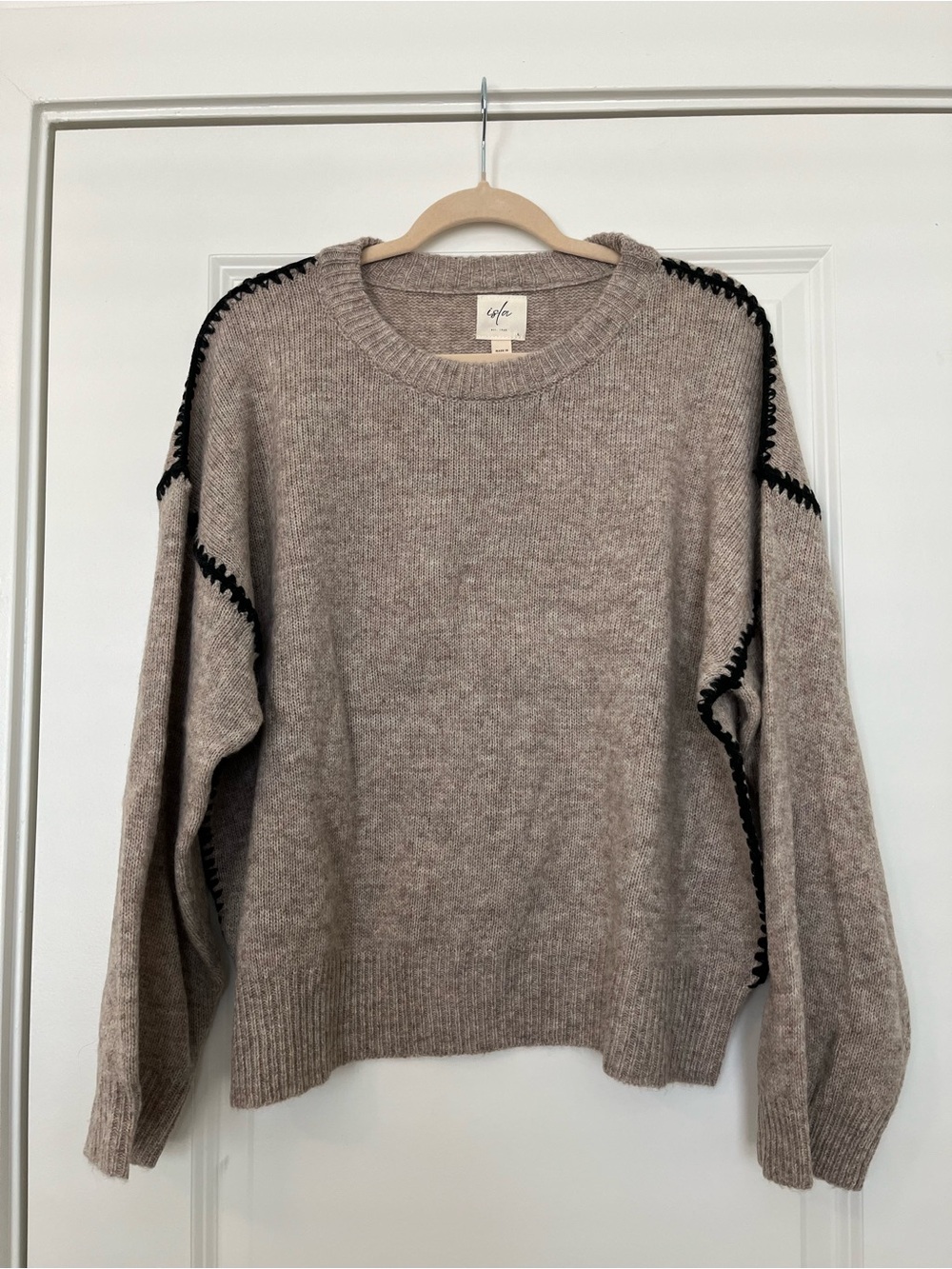 Soft Taupe Crewneck Sweater with Black Contrast Stitching